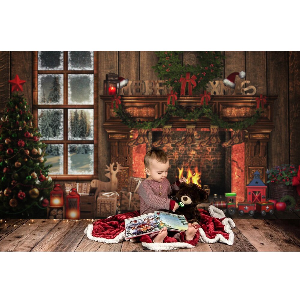 Cheminée fenêtre photographie arrière-plan noël hiver Portrait Art toile de fond jouets chaussette couronne arbres de noël Photo Studio