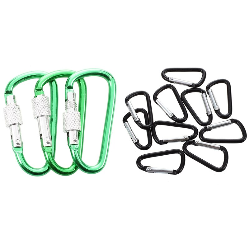 10 Pcs Black D Shaped Aluminum Alloy Snap Clip Key Chain Carabiner Hook & 3 Pcs 5cm Length Spring Loaded Gate