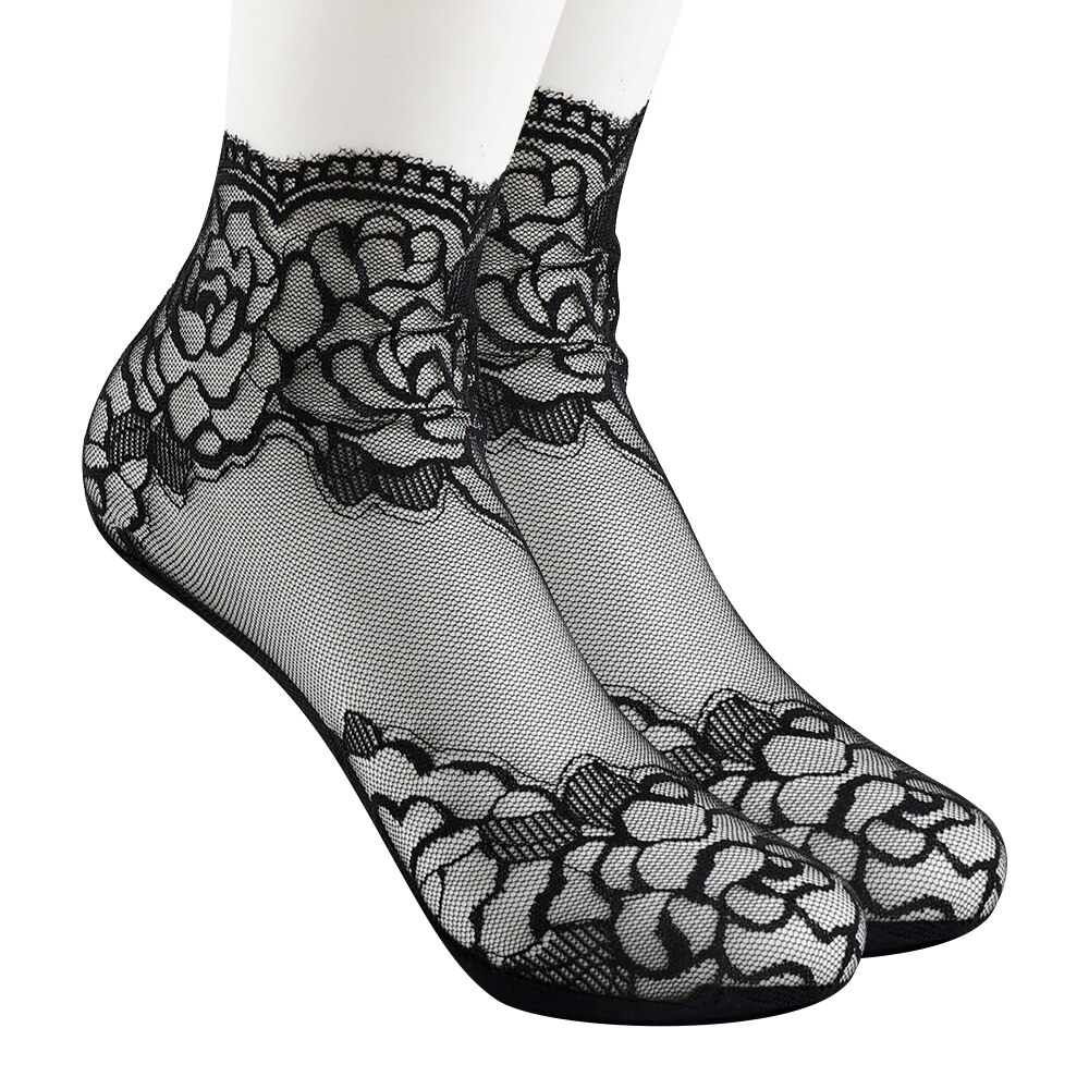 Calcetines tobilleros invisibles antideslizantes para mujer y niña, medias de malla de encaje con flores, elásticas, ultrafinas, 5 pares: 1Pairs Black