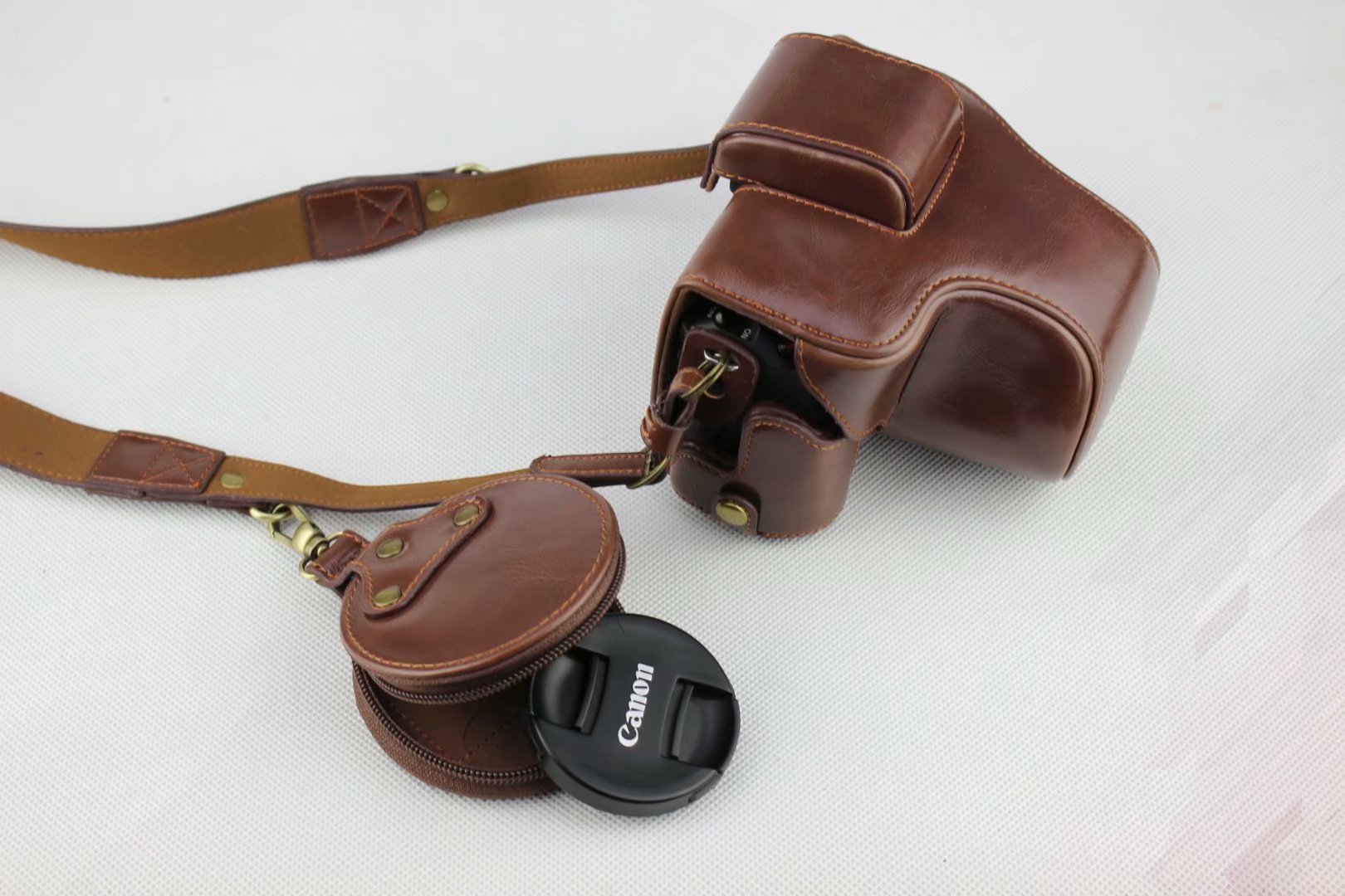 Funda de cuero Pu de lujo para cámara Canon, funda de lujo para cámara Canon EOS M50 M50 Mark II EOSM50 con lente de 15-45mm, batería abierta, Correa y Mini funda: Coffee