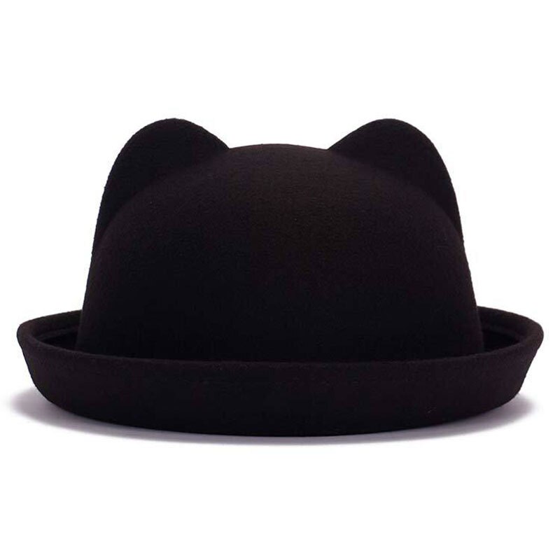 Förälder-barn bowlerhatt ullfilt fedora hattar för kvinnor flickor barn solid katt öra formell keps trilby sombrero derby: Kattöra svart / 57cm