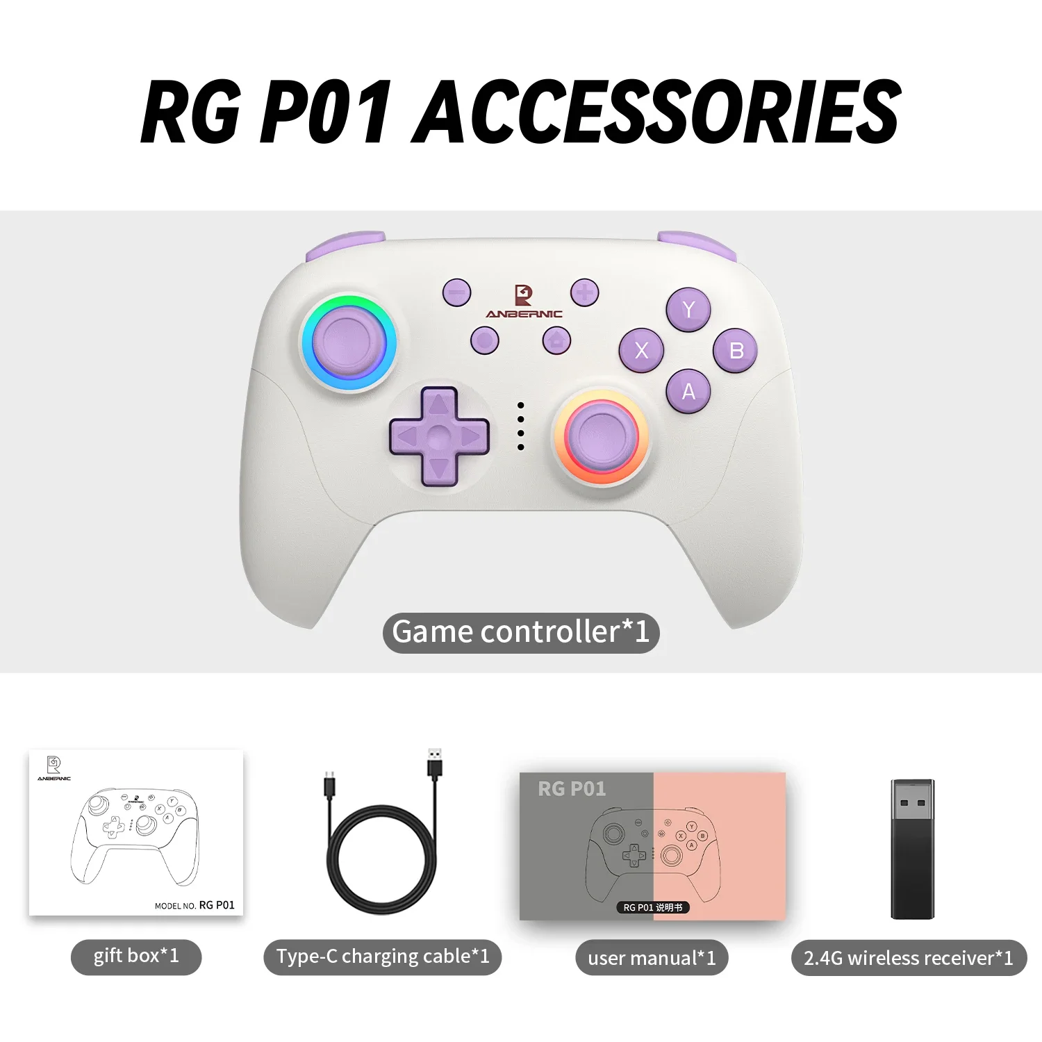 ANBERNIC RG P01 RGP01 Gamepad Game Controller Hall Effect Joystick XBOX Wired Wireless Bluetooth For PC Android IOS Steam RGB: WHITE