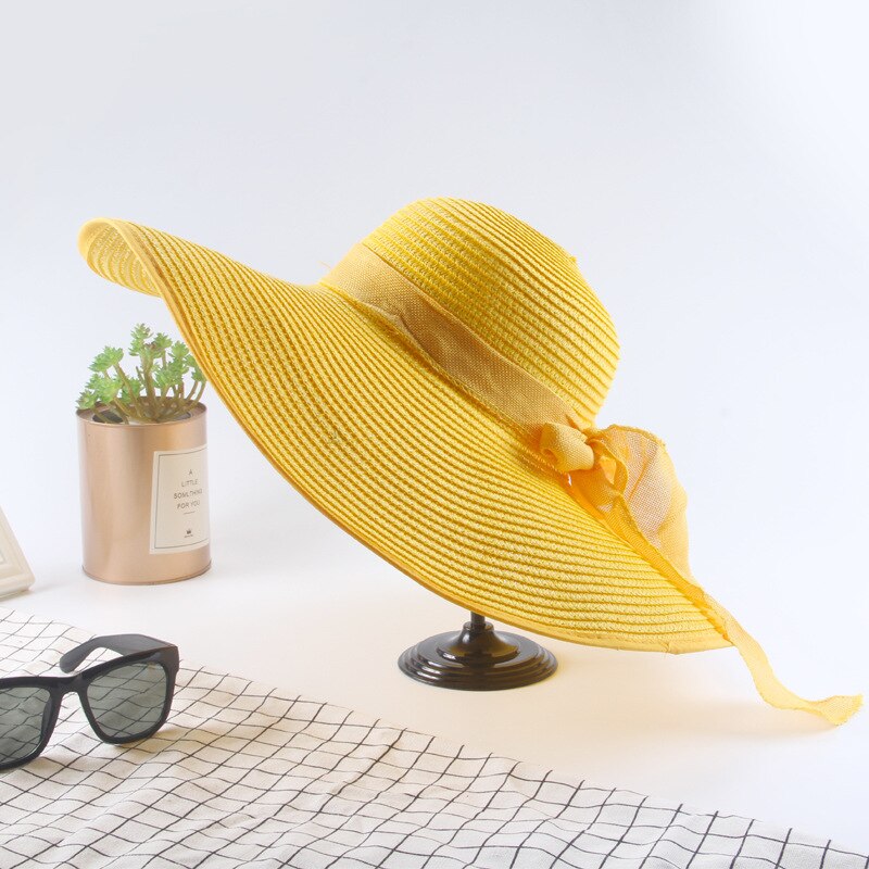 printemps été chapeau de paille femmes tempérament nœud papillon grand bord soleil chapeau Panama Style extérieur plage parasol chapeau de soleil: Jaune