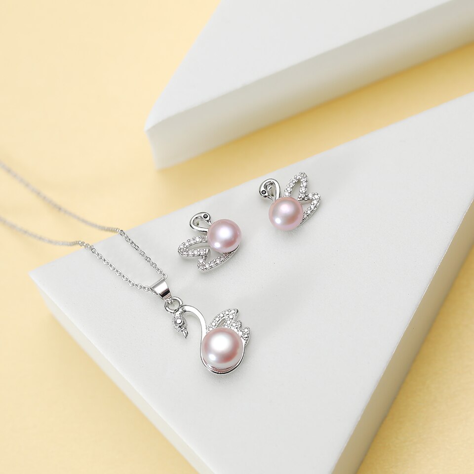 Zwaan 7-8Mm Natuurlijke Zoetwater Parel Sets Sieraden Voor Vrouwen Ketting Hanger Oorbel Bruiloft/Partij Sieraden Sets charm: S  Purple Pearl