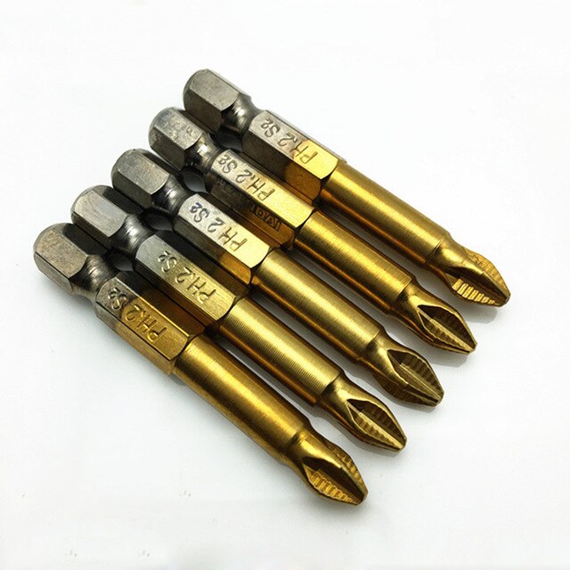 1 Set(5pcs) Titanium Coated 1/4" Hex Shank PH2 50mm length Anti Slip Electric Screwdriver Bits with magnetic tip