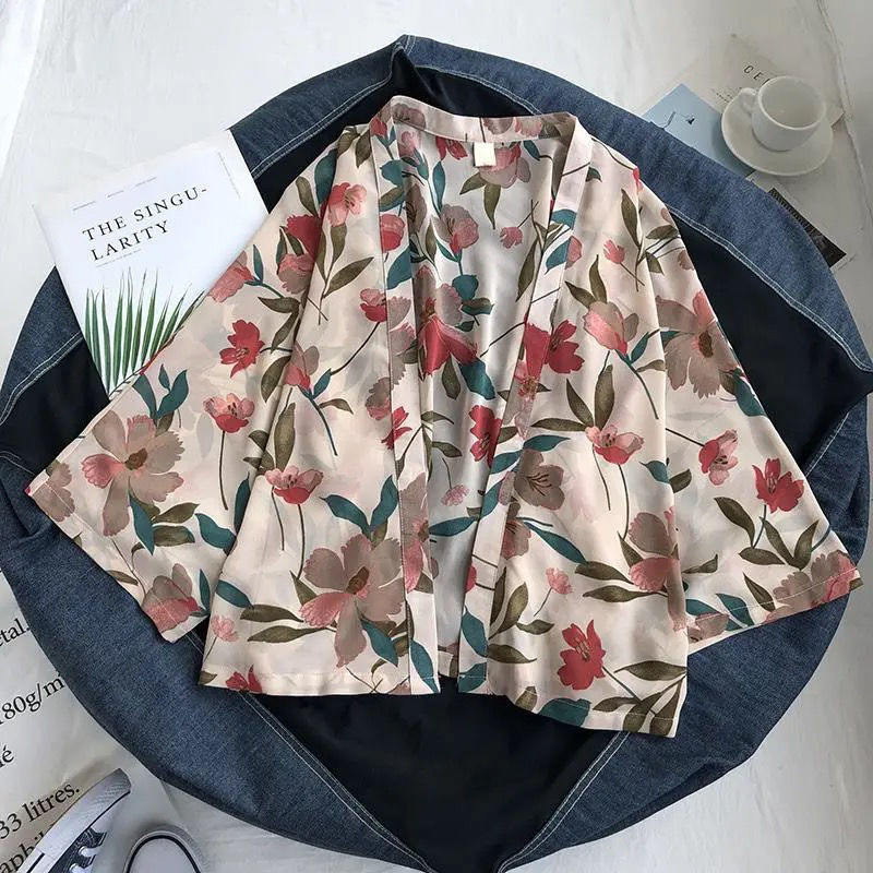 Letnie szyfonowe okrycia damskie koszule w kwiaty bluzki czeski szaliki plażowe Kimono sukienka dla kobiet strój kąpielowy: S / APRICOT