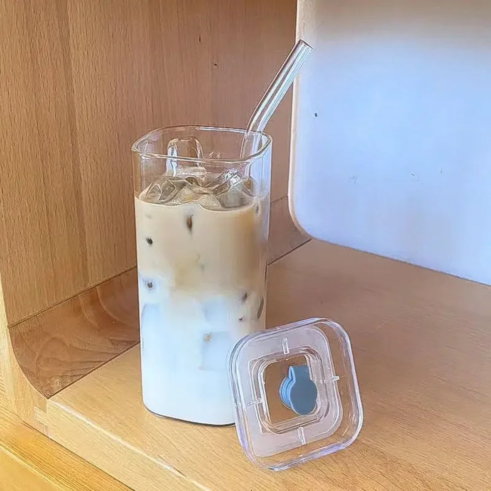 1pc kvadratisk glasmugg med lock och sugrör, transparent dricksglas för iskaffe, mjölk, öl, för kök och matsal