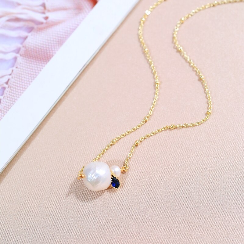 DAIMI Pearl Necklace Blue Zircon 11-12mm Round Pearl Pendant Necklace For Women: Default Title