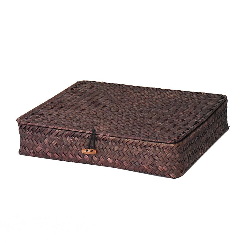 WHISM rattanowe wiklinowe pudełka robić przechowywania ręcznie pojemnik robić przechowywania biżuterii schowek kosmetyczny Organizer z pokrywką tkane etui z trawy morskiej: ciemny kawa