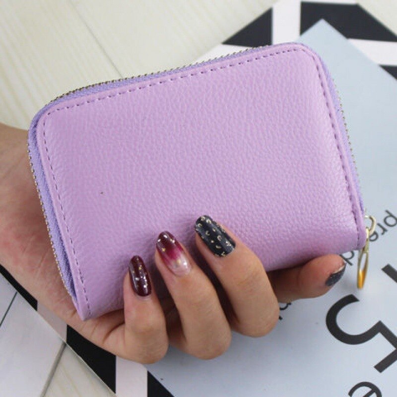Men Business Card Holder PU Leather Credit Card Holder Women Zipper Pocket Unisex Card Case Zipper Coin Purse Mini Wallet: Purple