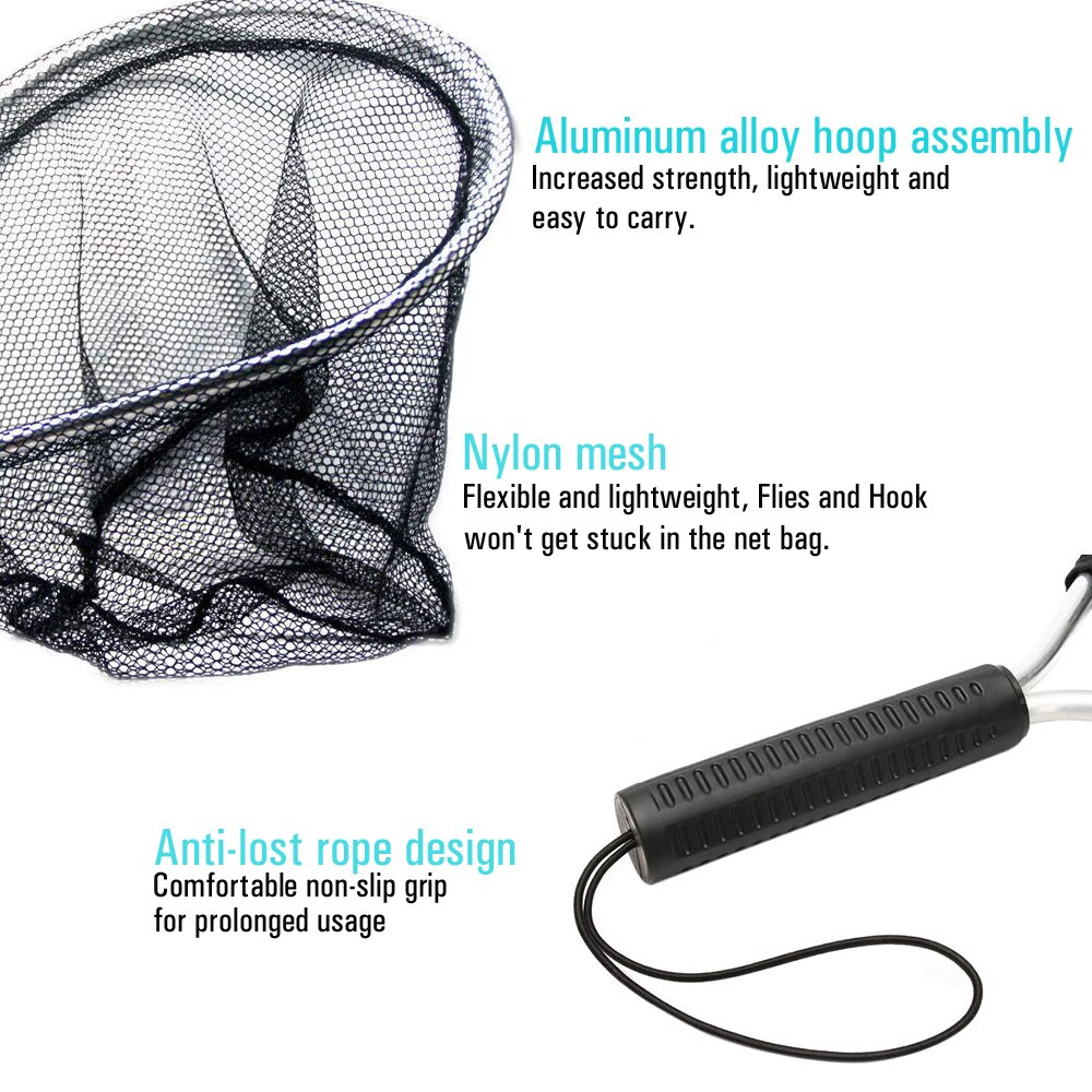 ICERIO Aluminum Fly Fishing Landing Nets Nylon Knotless Mesh Trout Hand Net Anti-lost Rope Tackle