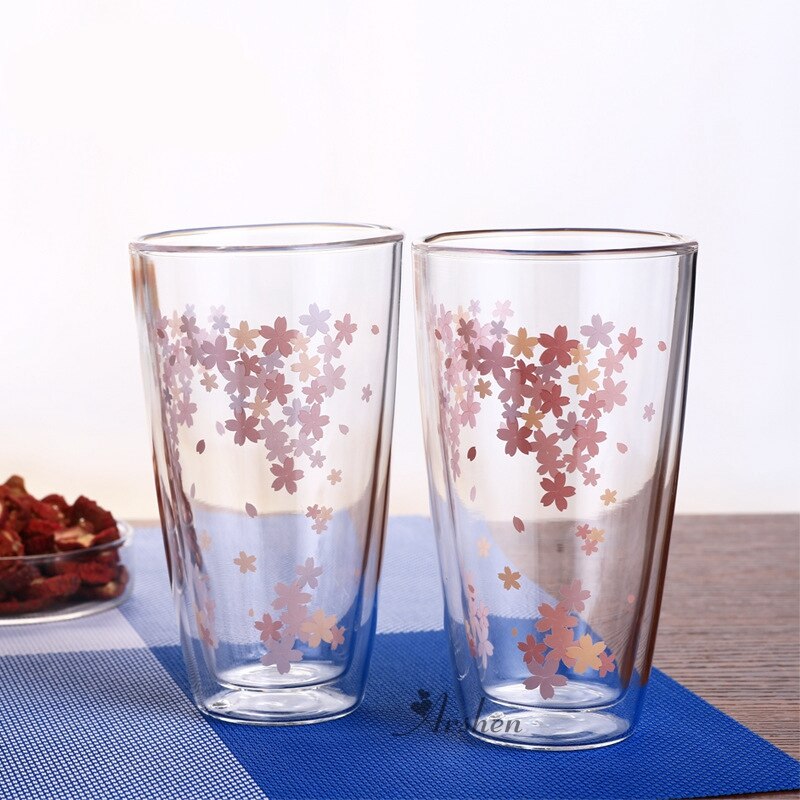 Arshen kirsebærblomster 350ml dobbelt vegg skudd glass klart håndlaget varmebestandig te drikke kopper sunn drikke krus kaffeglass