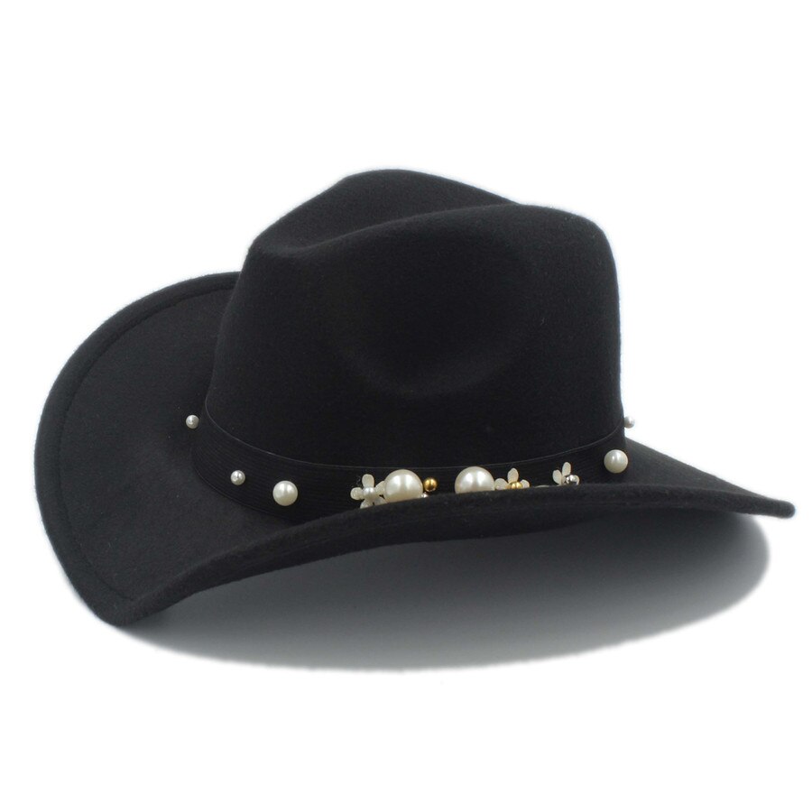 Kvinder chapeu western cowboy hat til dame cowgirl bredskygge jazz kirke kasket cloche sombrero top cap: Sort