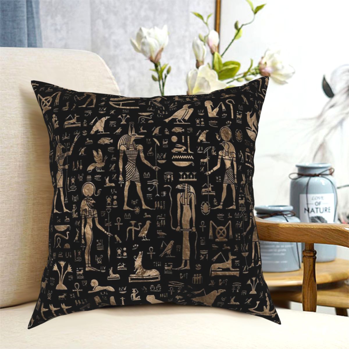 Funda de almohada negra de los antiguos dioses egipcios, cojines decorativos para el hogar, idioma oriental, para coche