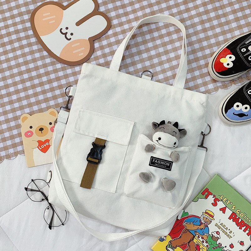 Cute Animal Canvas Bag Backpack Girl Student Single Shoulder Bag Literary Tote Bag: calf4