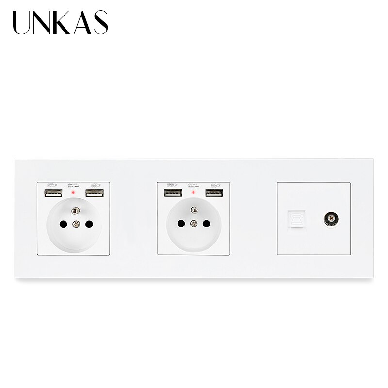 UNKAS 3 Gang French Wall Power Socket Dual USB + HDMI Port USB 3.0 Jack TV RJ11 Telephone RJ45 Internet PC Plastic Panel Outlet: 2 FR 1 TV Telephone