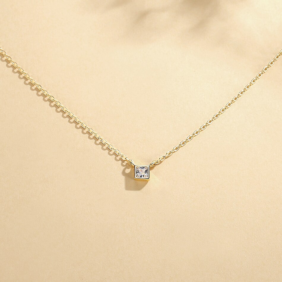 Eleshe 925 Sterling Zilver Kleine Vierkante Diamanten Hanger Ketting 18K Gold Plating Ketting Voor Vrouwen Mode Shiny Sieraden