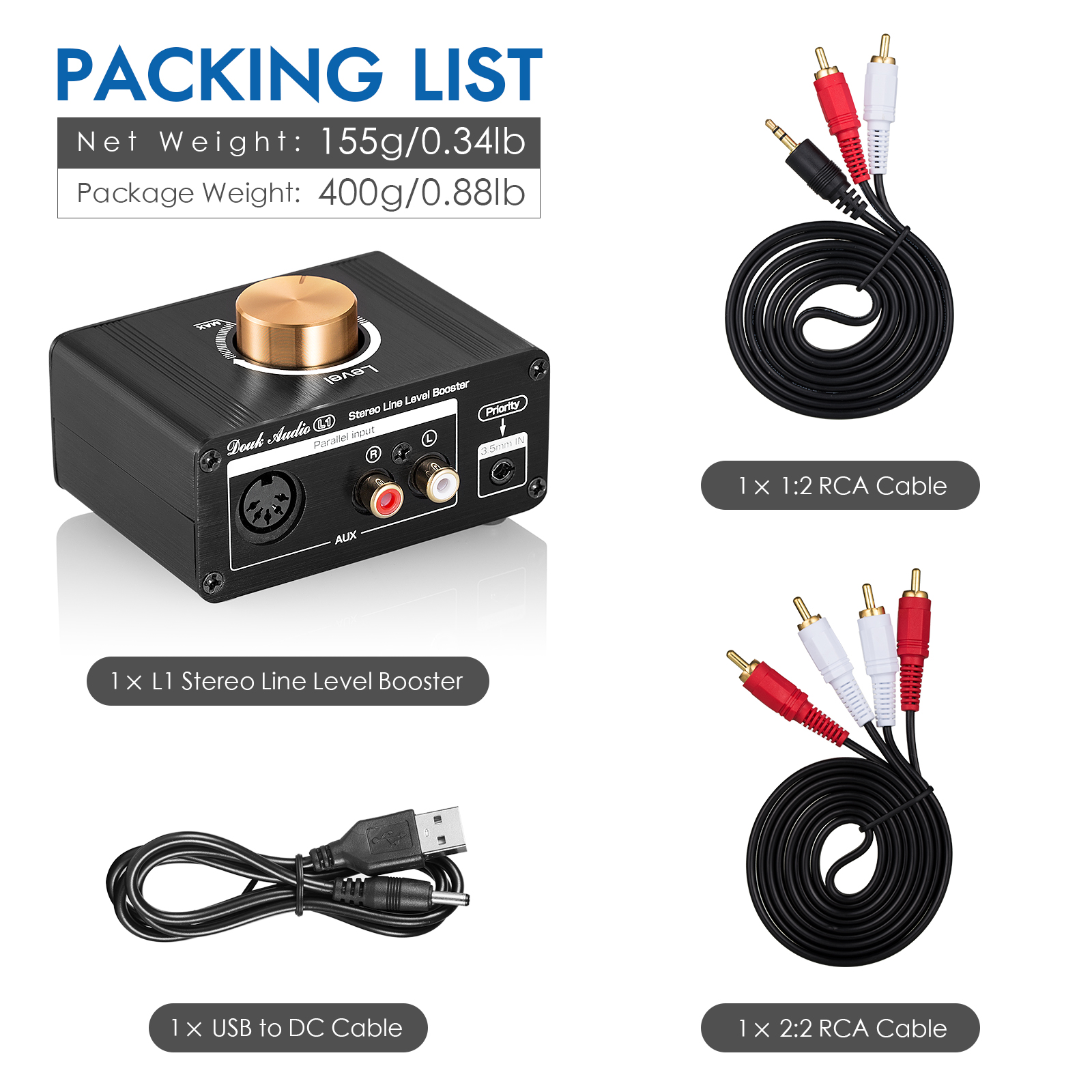 Douk Audio Mini High-gain Stereo Line Level Booster Amplifier Audio Signal Amp HiFi Home Desktop Preamp for MP3/iPod/iPad/iPhone