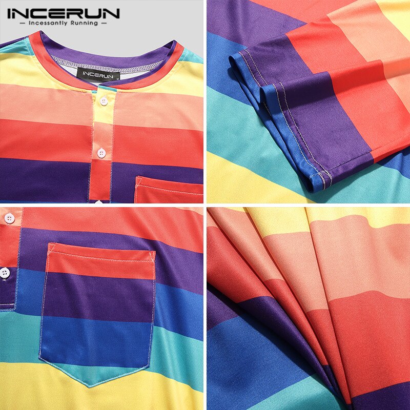 Men Striped Robes Colorful Round Neck Long Sleeve Soft Bathrobes Cozy Nightgown Loose Leisure Mens Dressing Gowns S-5XL INCERUN
