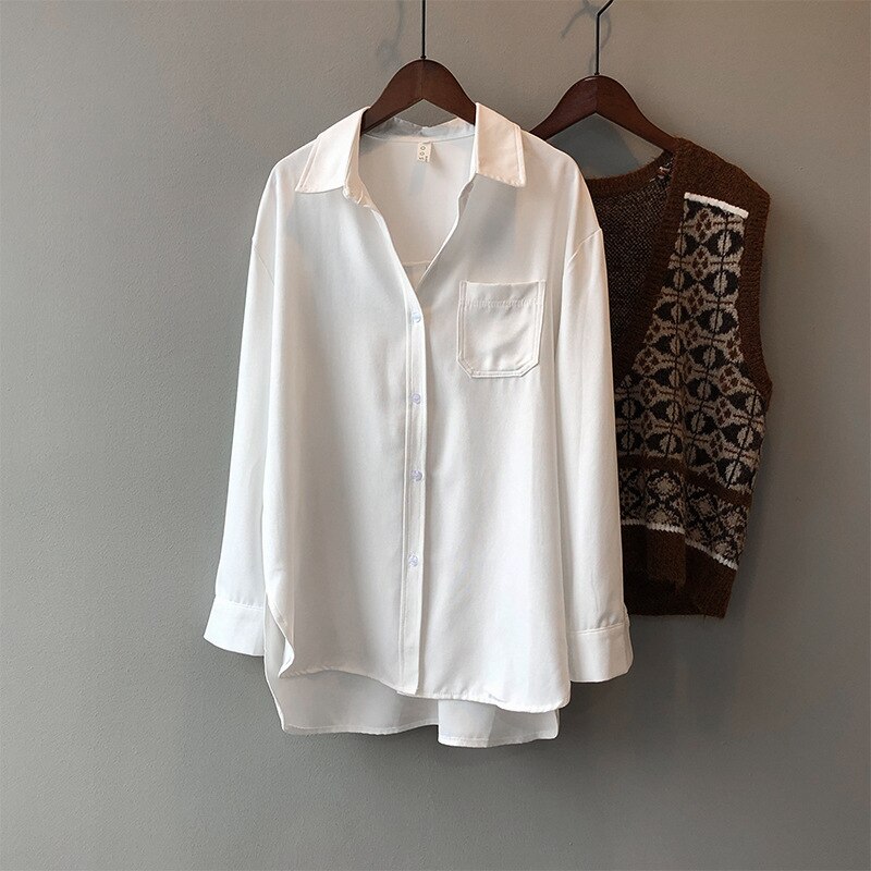 Blusa de estilo Retro con manga larga para verano, Camisa lisa con solapa y luz para mujer,: Blanco / L
