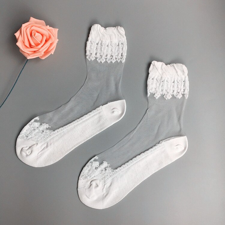 4 Pairs/lot Women Ankle Socks Ladies Pure Silk Short Lace Korean Sock Female Cheap Women's Transparent Crystal Sock White: 4Water plants White