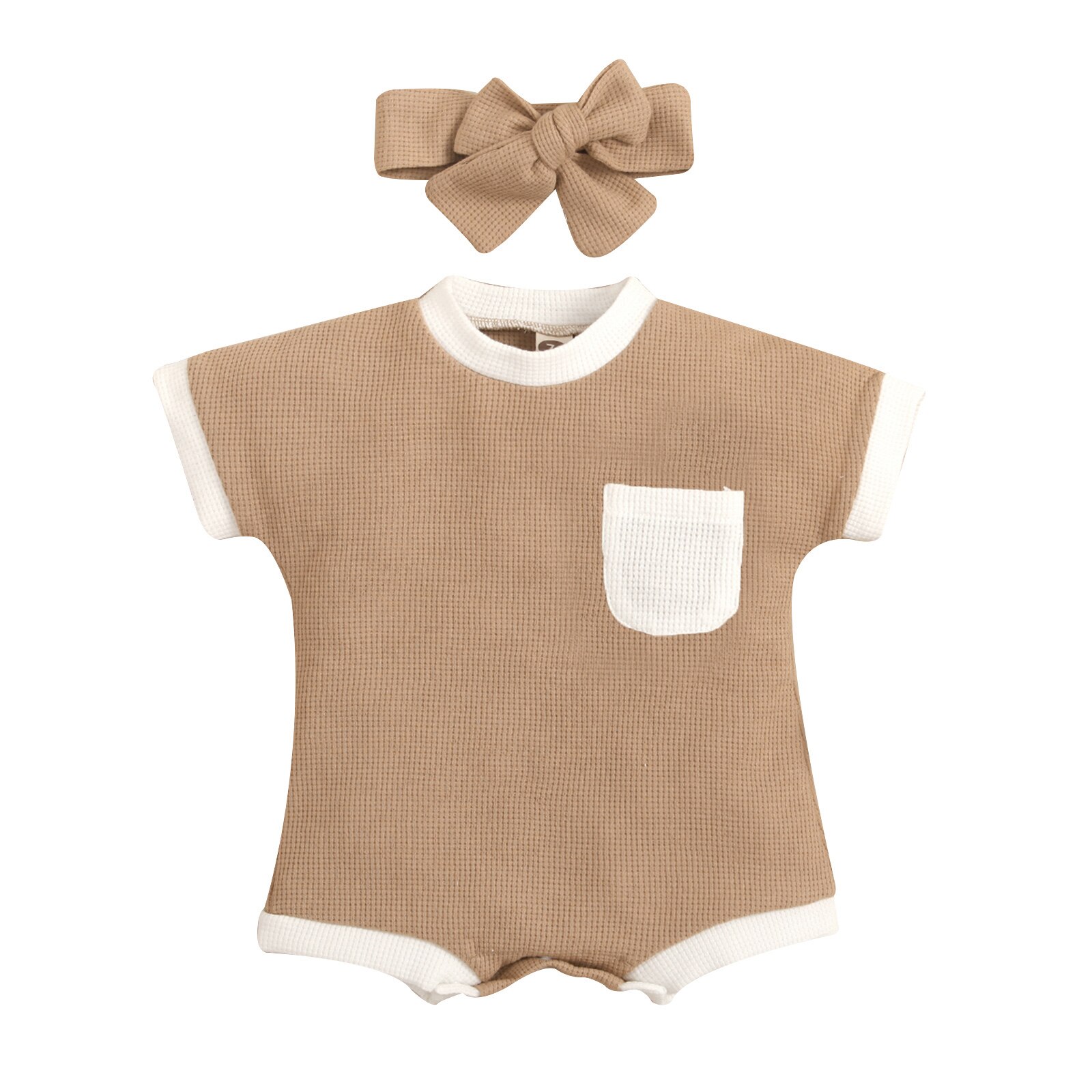 2022 Summer Cute Infant Baby Girls Boys Romper Outfits Patchwork Waffle Short Sleeve Jumpsuit Playsuit+Bowknot Headband Set: COFFEE / 12m