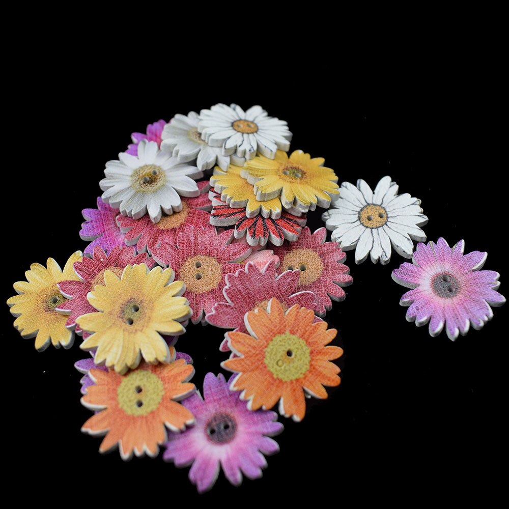 50 Stuks 25Mm Zonnebloem Willekeurige Mixed Flower Geschilderd Houten Knopen Decoratieve Knopen Voor Naaien Scrapbooking Ambachten Diy Craft