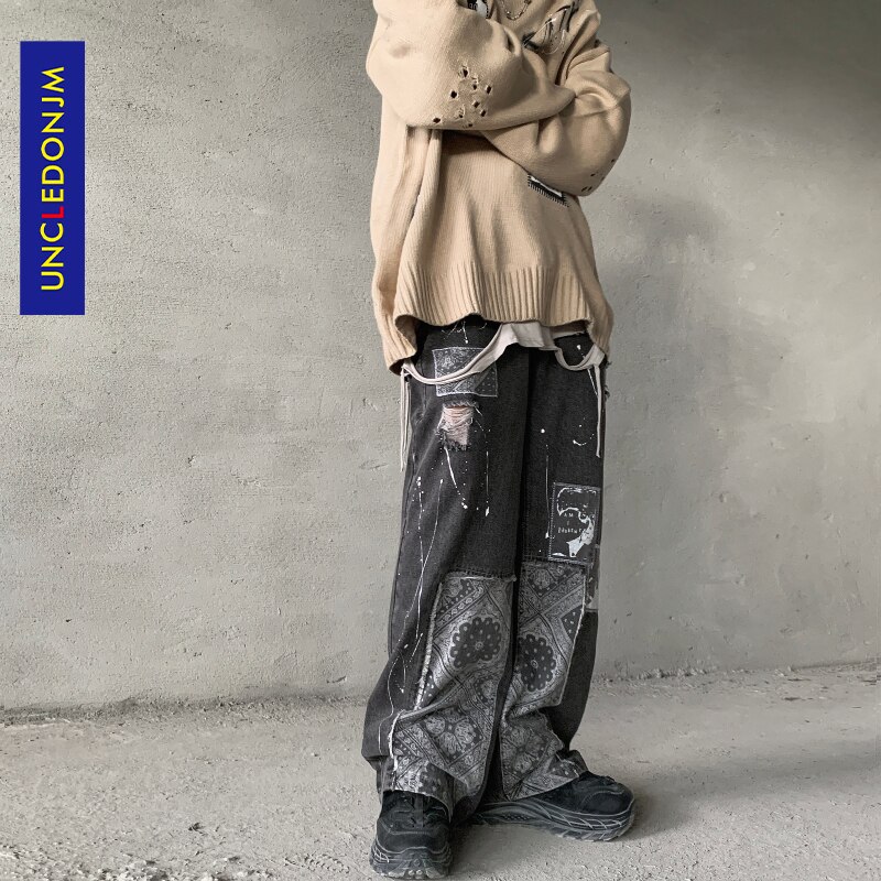 UNCLEDONJM Cashew Flower Patchwork jeans denim black jeans men baggy jeans women Graffiti hip hop jeans loose men clothing Ygh01