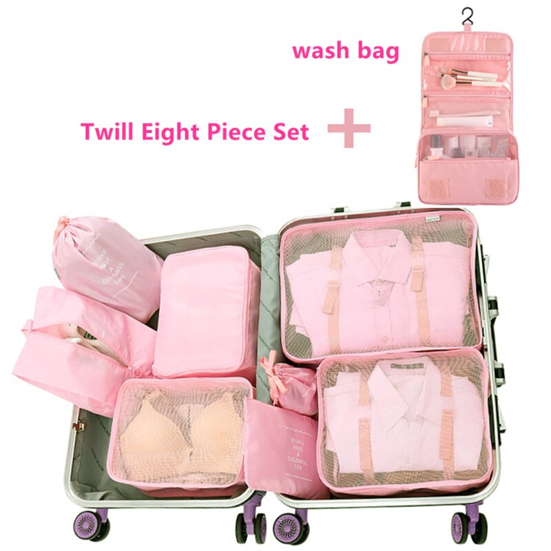 9 stk / sæt kuffert organisere opbevaringstaske bærbar kosmetikpose tøj undertøj sko pakningssæt rejse makeup taske: Lyserød