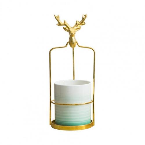 Maceta de cerámica con cabeza de ciervo decorativa, marco de hierro, maceta resistente para jardín: Light Green L
