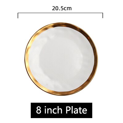 Assiettes à dîner en porcelaine mate à incrustation d'or, assiettes rondes de luxe pour mariage, fête décorative pour la maison, service de vaisselle: White 8 inch