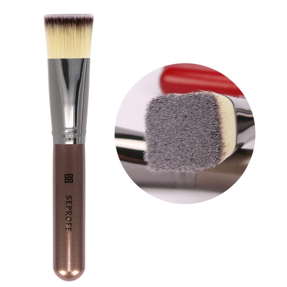 Juego de brochas de maquillaje base , 1 unidad, cabeza plana inclinable, corrector de mango pintado de madera y metal, herramientas de maquillaje: gold flat