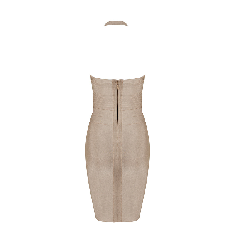 nude hollow out double strap rayon knitted knee length bodycon bandage dress