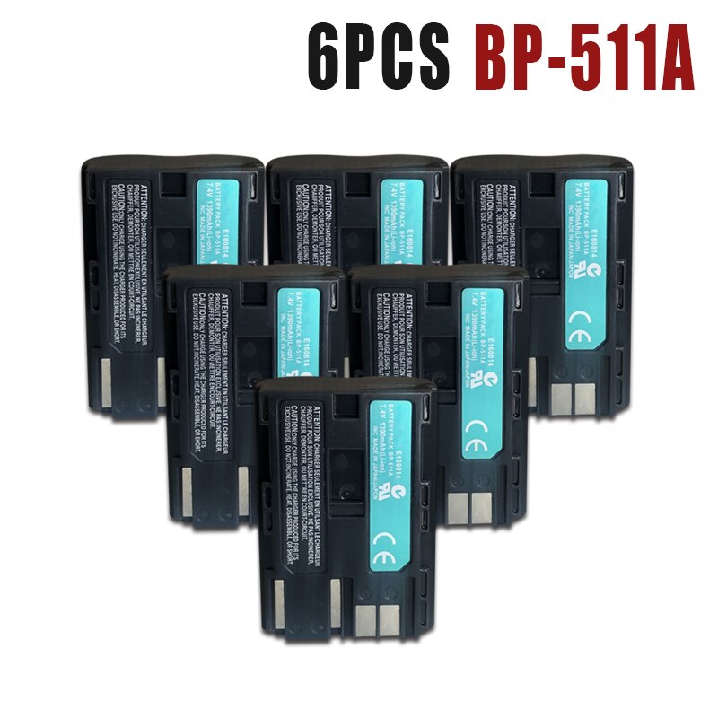 1390mAh BP-511A For Canon Camera Rechargeable Battery 7.4V EOS D30 D60 10D 300D 20D 30D 40D 50D PowerShot G1 G2 G3 MV600i Pro1: 6PCS