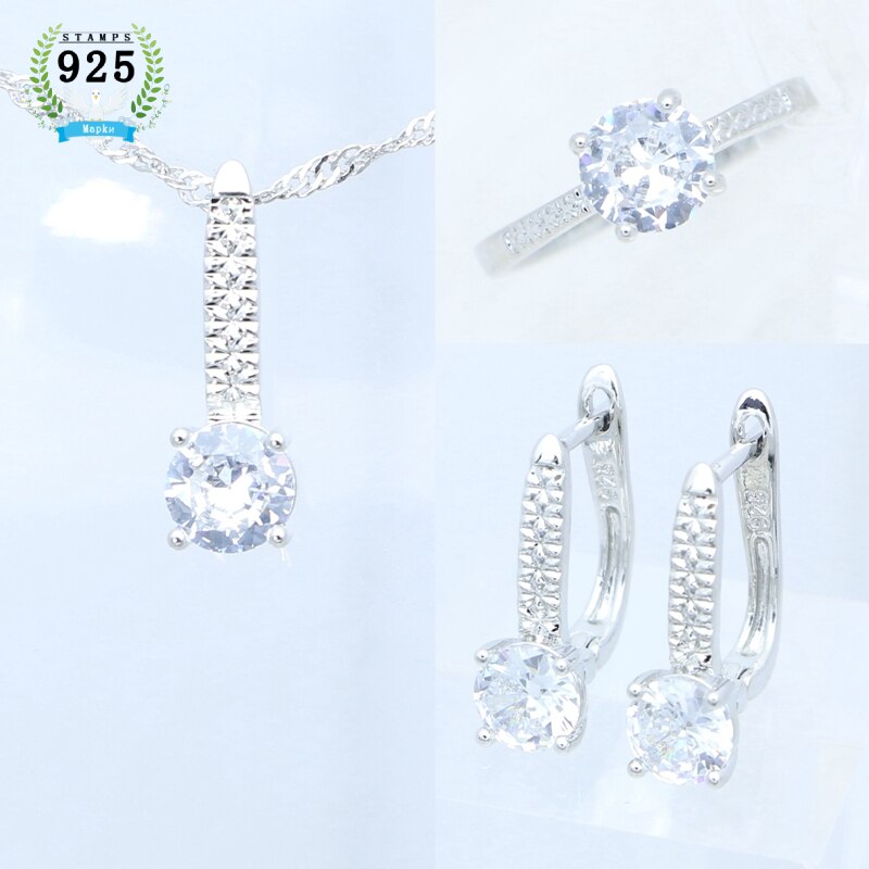 925 Sterling Zilveren Bruids Sieraden Set Sapphire Oorbellen Hanger Ketting Open Ring Voor Vrouwen Gratis Box: WHITE