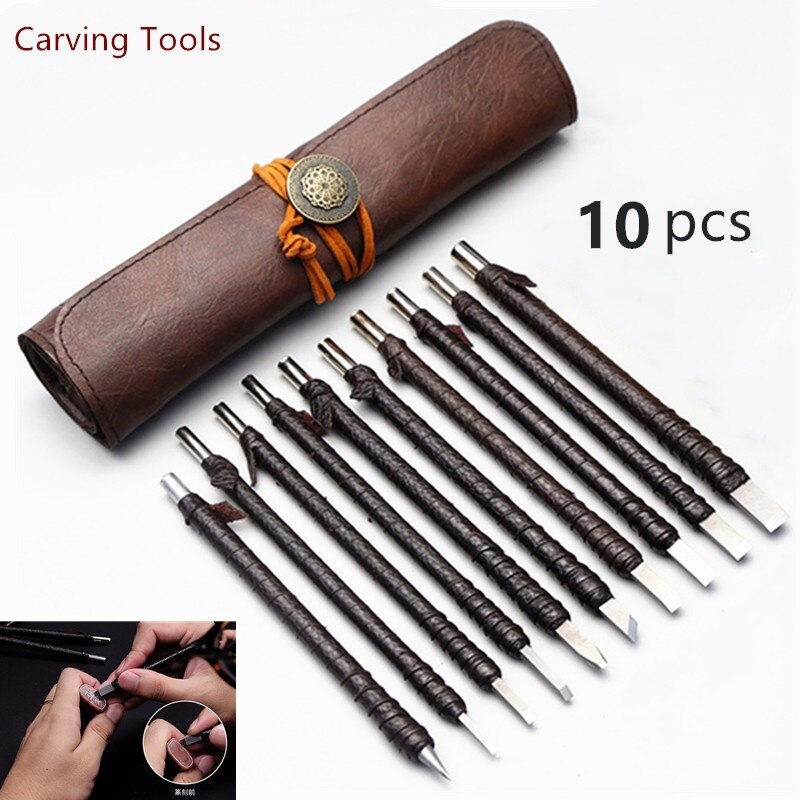 3/8/10Pcs Carved Stone Files Knife Tungsten Steel Carving Files Knife Chisel Craft Tools Leather Case for Engraving