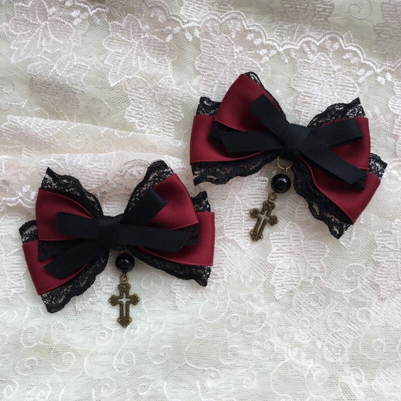 Lolita-accessoires pour cheveux gothiques, vent, rouge Diablo, noir, garniture en dentelle nœud papillon, Vintage, magnifique bijou, coiffure croisée: Side Clip Bows
