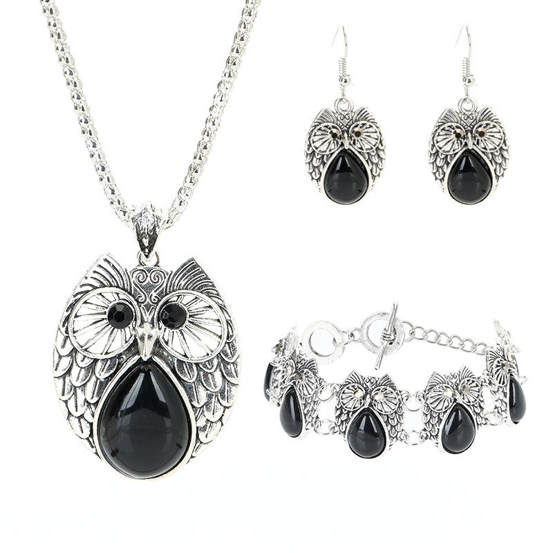 Retro turkis ugle smykker 925 sølv vedhæng øreringe armbånd halskæde håndlavet amulet hendes kvinde: Sort