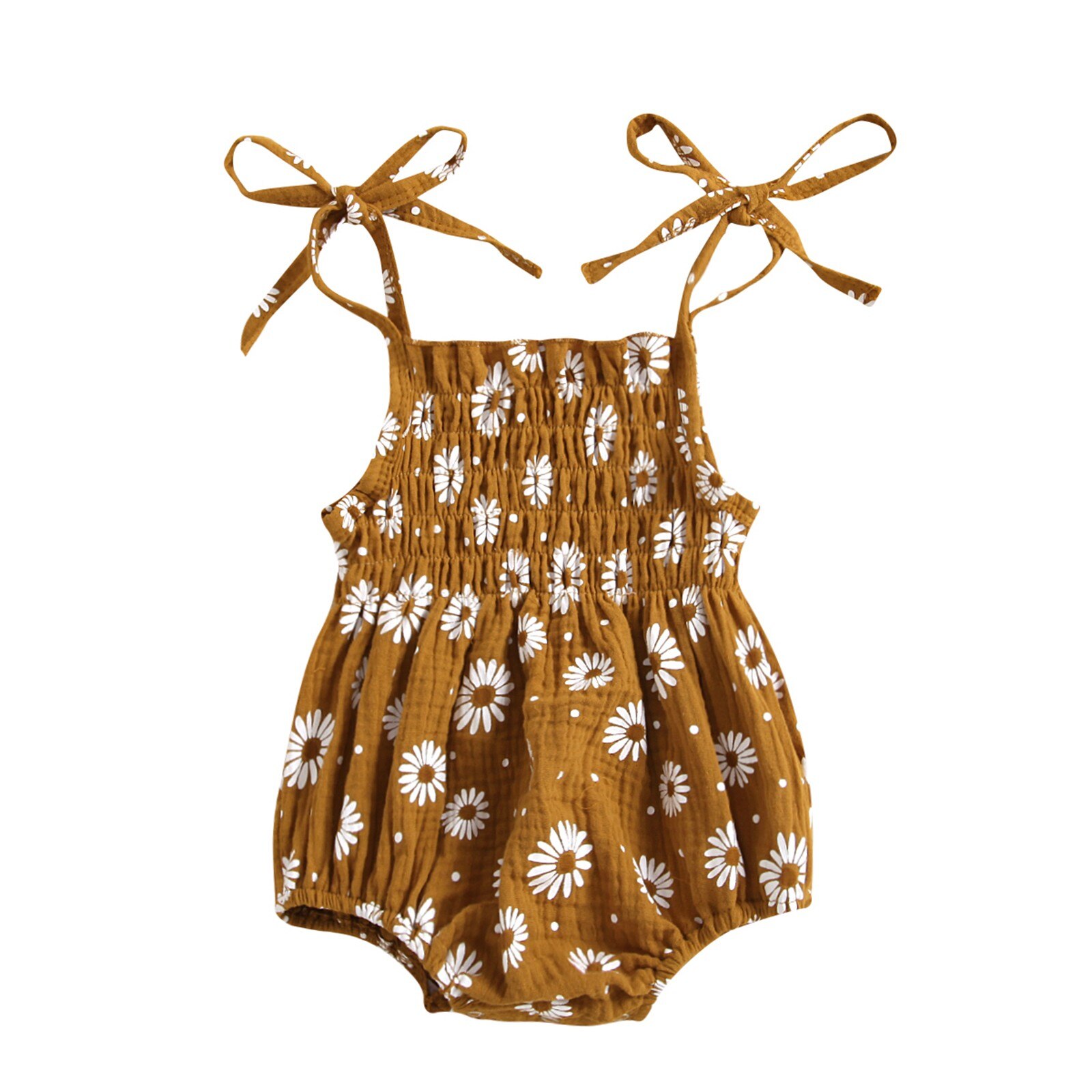 Newborn Baby Girl Daisy Print Romper Sleeveless Strap One Piece Summer Romper Clothing Pleats Jumpsuit Roupa De Girls&Boy: Brown / 24M