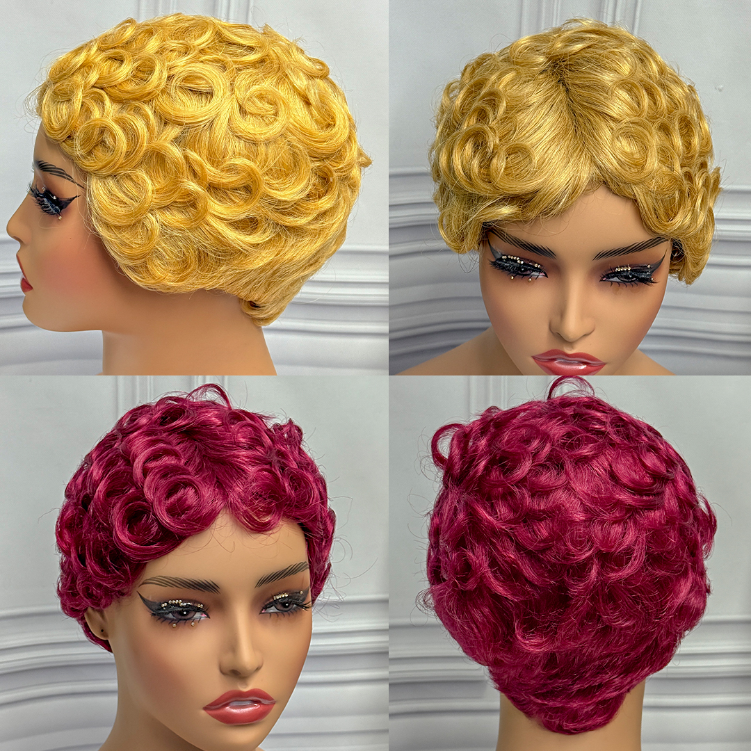 Malaika 4 # 27 # Pixie Cut Bob corto onda suelta cabello humano Chioma pelucas hechas a máquina pelucas rizadas onduladas Bob cabello Remy para mujeres