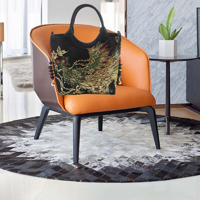 Paillettes brillantes paon brodé femmes toile fourre-tout sac, été Shopping sac à bandoulière Vintage perlé chaîne sac à main noir