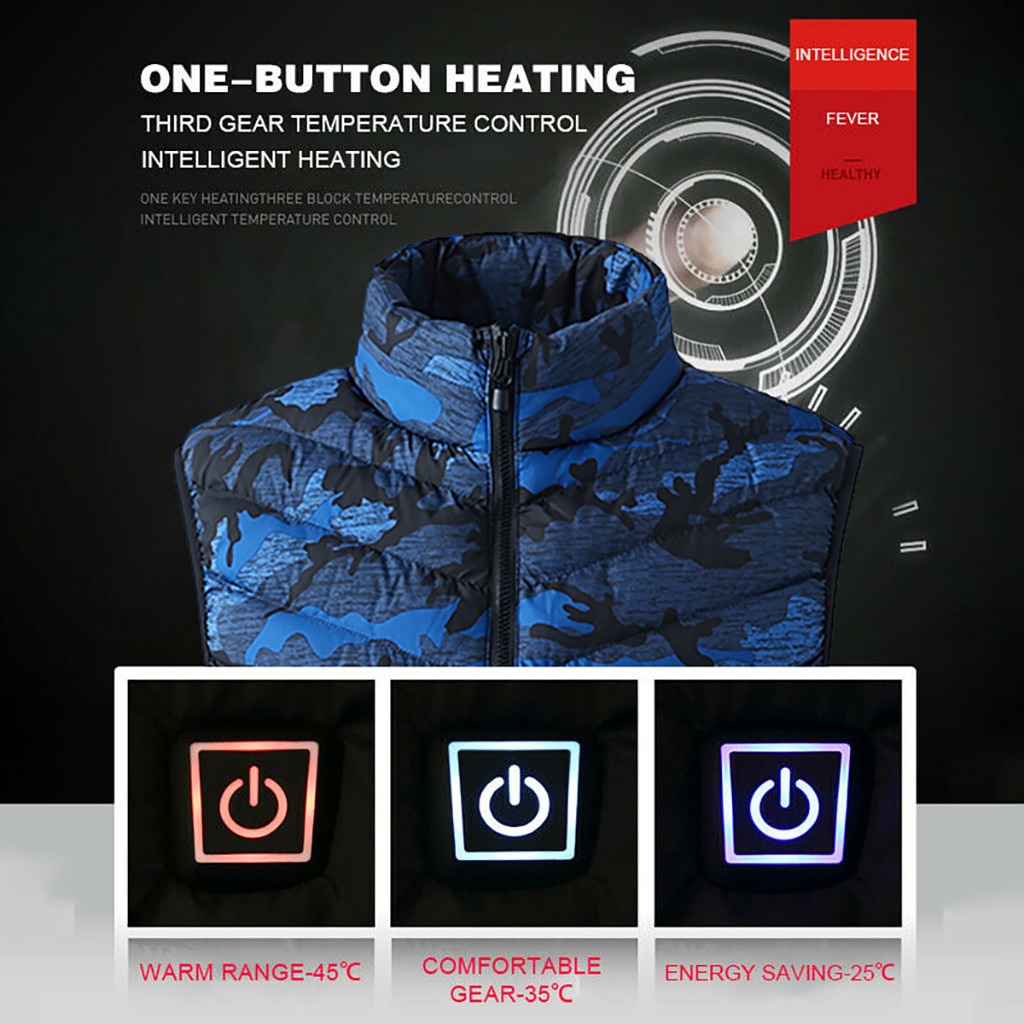 nouveaux hommes Camouflage gilet chauffant gilet chauffant USB thermique tissu plume hiver veste chasse Hinking directe