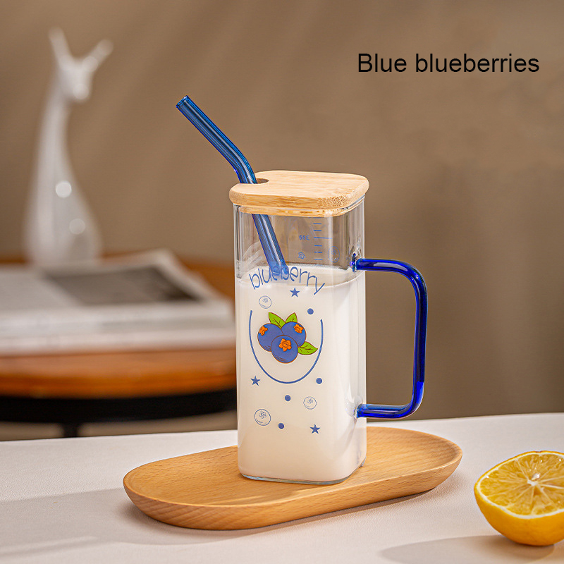 Taza de vidrio con pajita y báscula, vaso transparente con tapa y mango para café helado, taza para beber zumo, leche y té, 350ml: Azul cielo