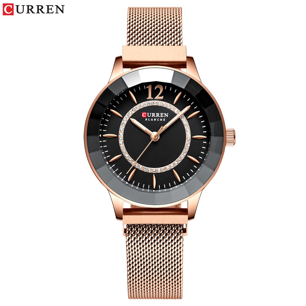 Curren Strass Mode Quartz Mesh Stalen Horloge Voor Vrouwen Causale Blauw Dames Horloge Bayan Kol Saati Classy Luxe Klok: rose black