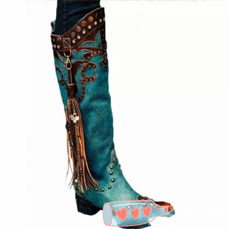 Vintage Riding Boots Women Tassel Punk Cowboy Boots Rivet Autumn Female Tall Boots Thick Heel