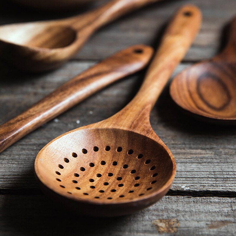 Teak Wood Kitchen Spoon Rice Paddle Scoop Strainer Spoon Wooden Salad Mixing Serving Spoon Kitchen Wooden Utensils for Cooking