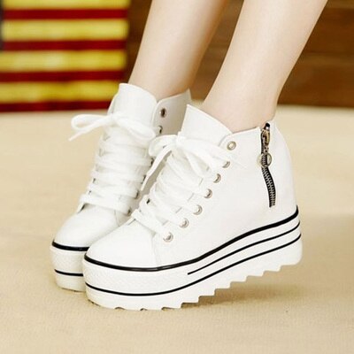 Vita kilar canvas skor kvinna sneaker höga platåskor high top sneakers dam dold klack ledig dragkedja vulkaniserade skor: Vit / 5