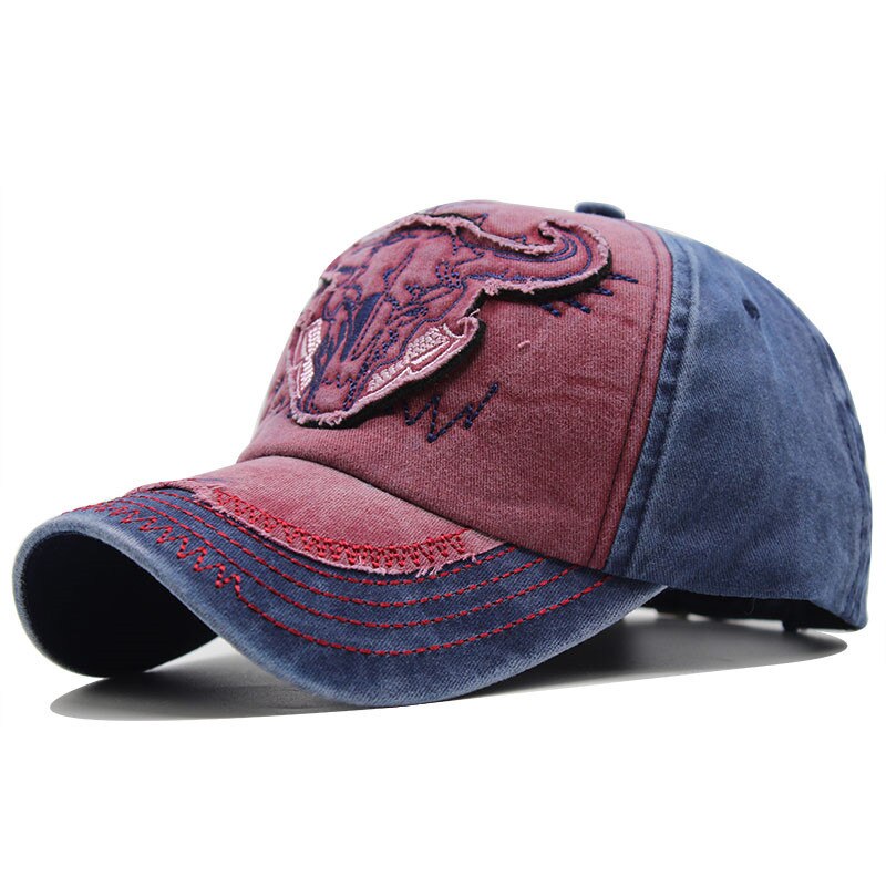 Baseball Cap Bull Head Embroidery Washed Casual Retro Outdoor Men's Sun Hat: wine red