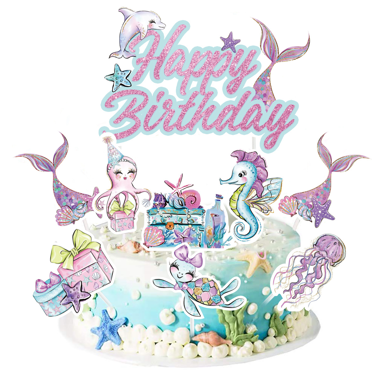 Merenneito-teemainen syntymäpäiväkakun koriste merenneidon pyrstö hyvää syntymäpäivää kakun koriste syntymäpäiväkakkuun vauvakutsujen juhlatarvikkeet