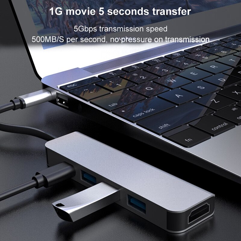 5 in 1 Type C USB Hub USB 3.0 4K HDMI Port Adapter High-Speed PD Charging Docking Station for Office PC Notebook